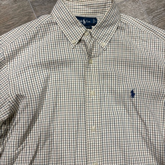 Ralph Lauren Classic Fit Long Sleeve Button Shirt Beige Navy Check Sz L 16.5 - Picture 3 of 9
